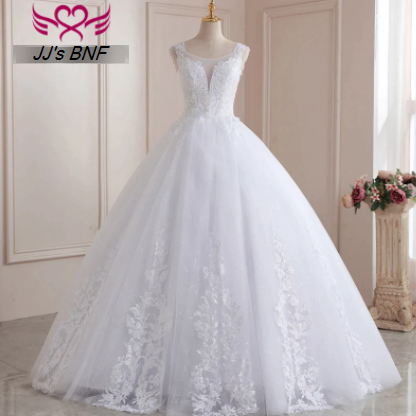 Sheer V Neck Crystal Beading Lace Wedding Dress..