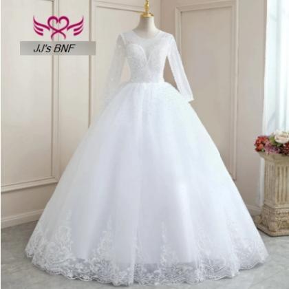 Long Sleeves Luxury Wedding Gown For Women Pearls..