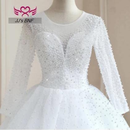 Long Sleeves Luxury Wedding Gown For Women Pearls..