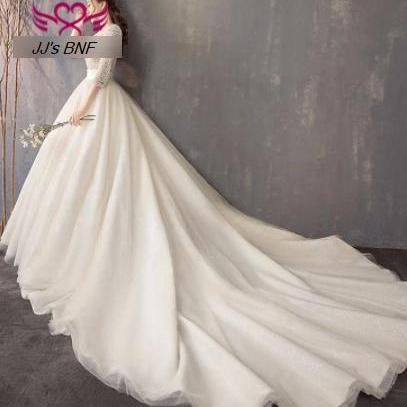 3/4 Sleeves Heavy Pearls Beading Wedding Dress..